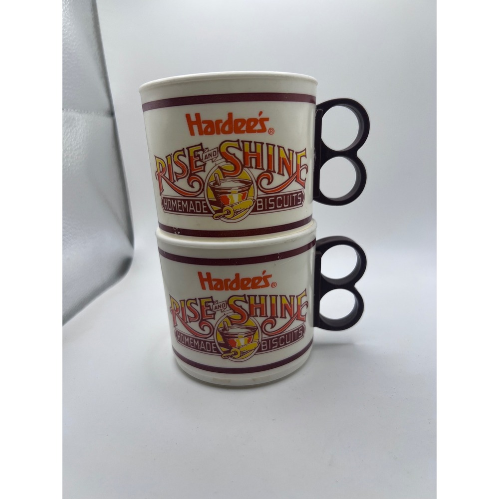 Vintage Hardee's Rise & Shine Homemade Biscuits Plastic Coffee Mugs 80s Set Of W
